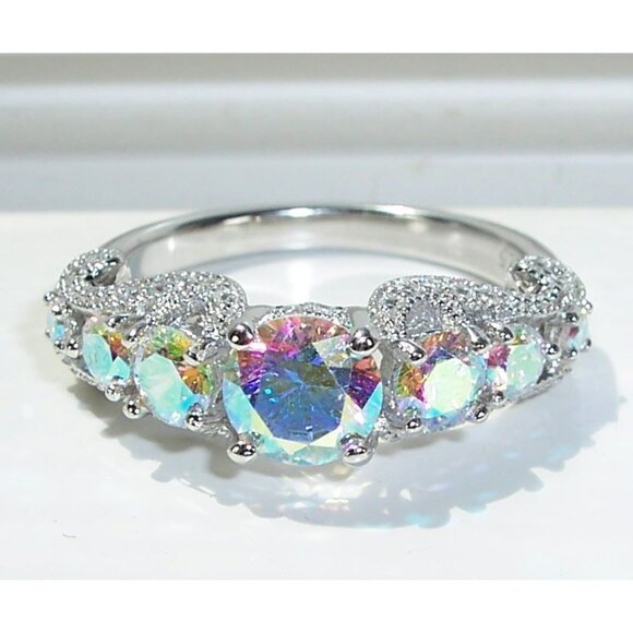 925 STERLING SILVER Simulated Mercury Mystic CZ Ring Round Cut - Picture 1 of 16